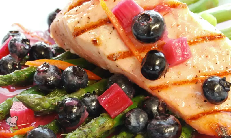 Seared Salmon with Rhubarb and Blueberries