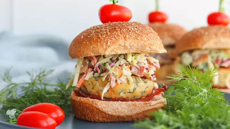 Dill Chicken Burgers with Bacon Broccoli Slaw
