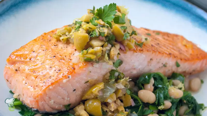 Heart Healthy Seared Salmon Over Spinach And Olive Relish Recipe