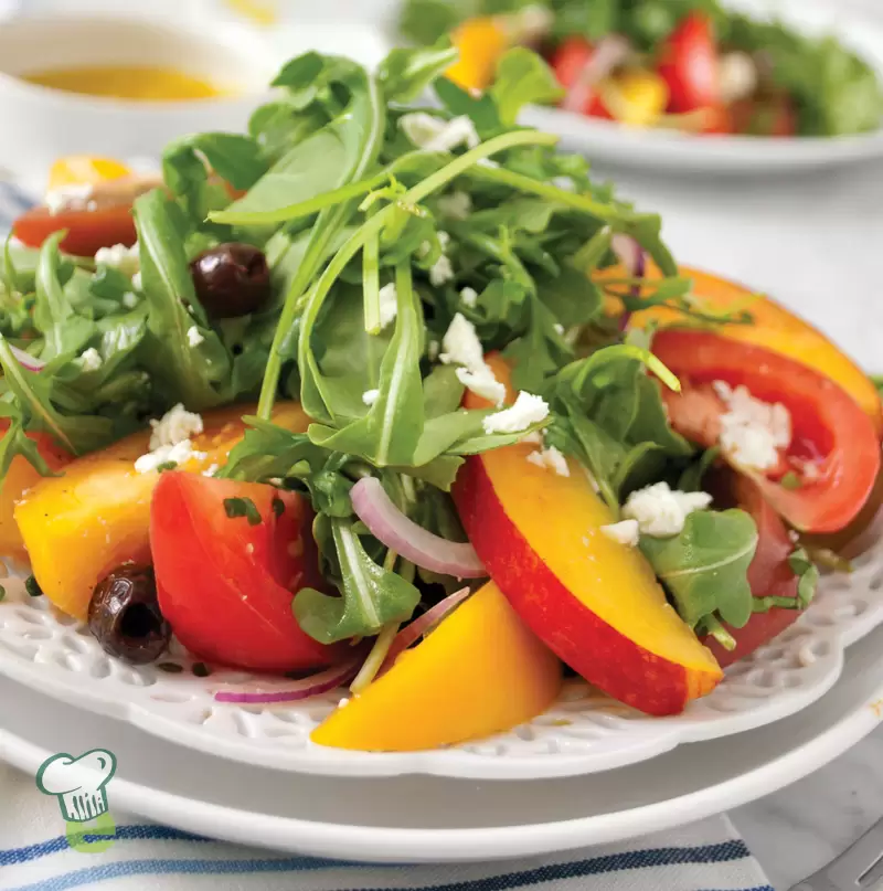 Heart Healthy Peach, Tomato and Olive Salad