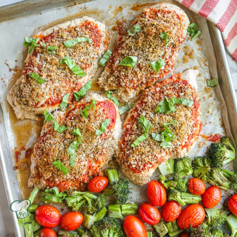 High Protein Chicken Parmesan | Sheet Pan Recipe