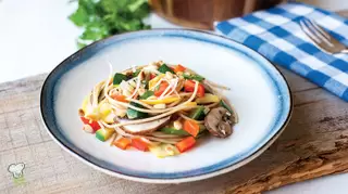 Spaghetti with Vegetables and Pine Nuts